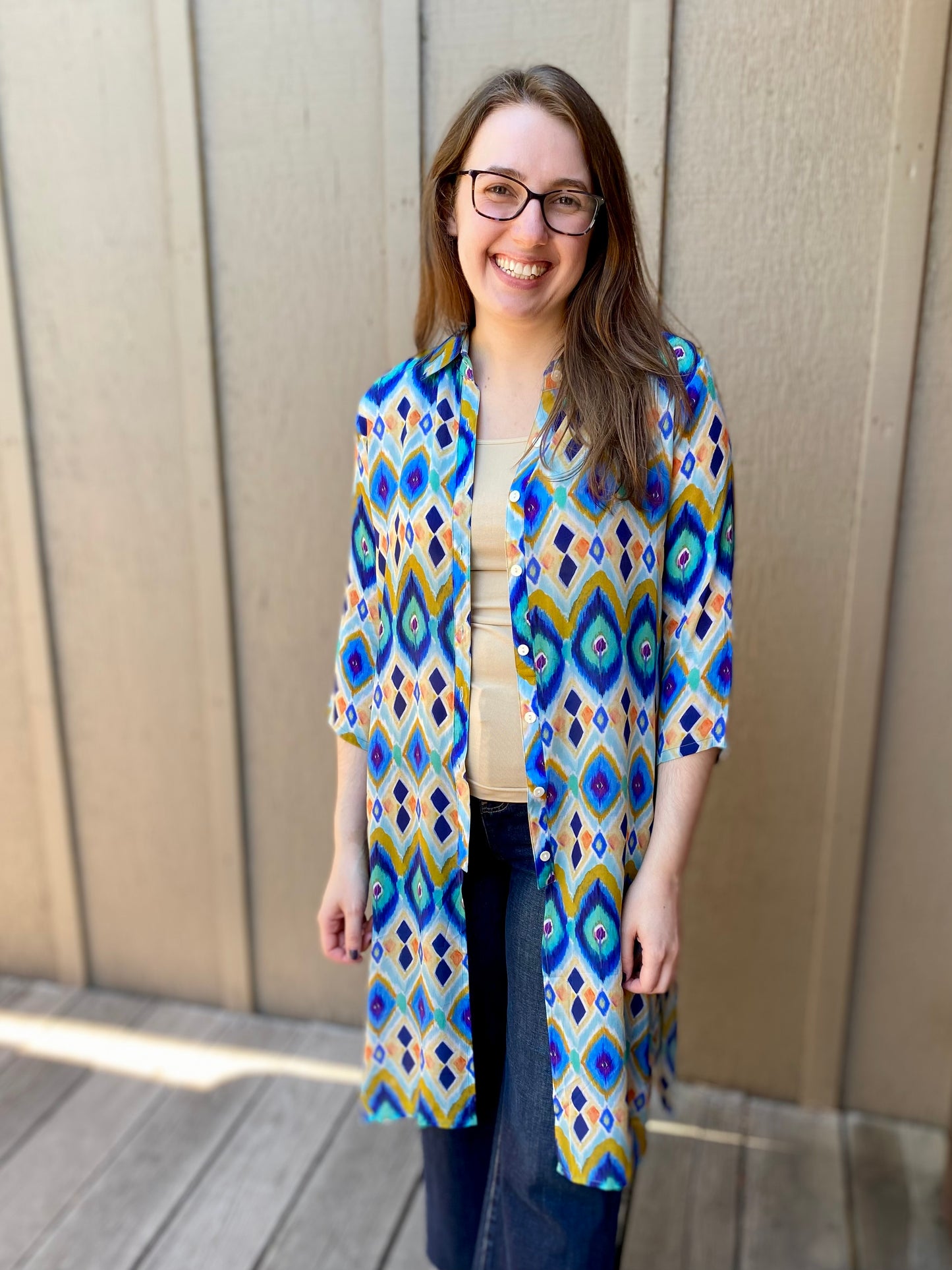 Button Up Tunic in Blue Diamonds