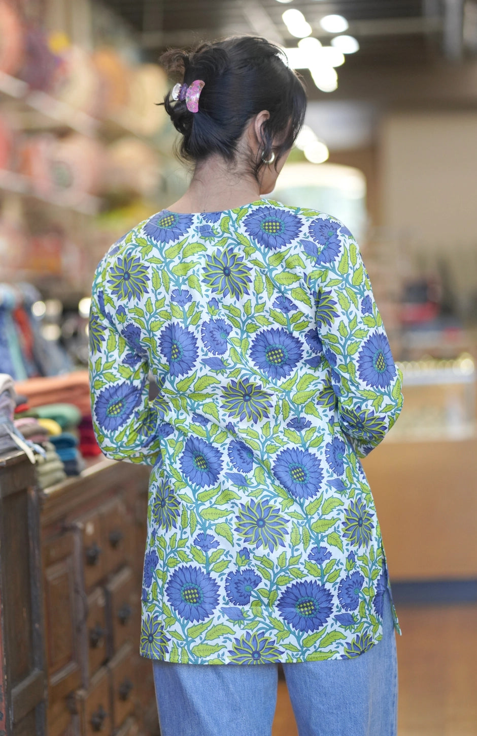 Cotton Tunic Top in Periwinkle & Green Floral