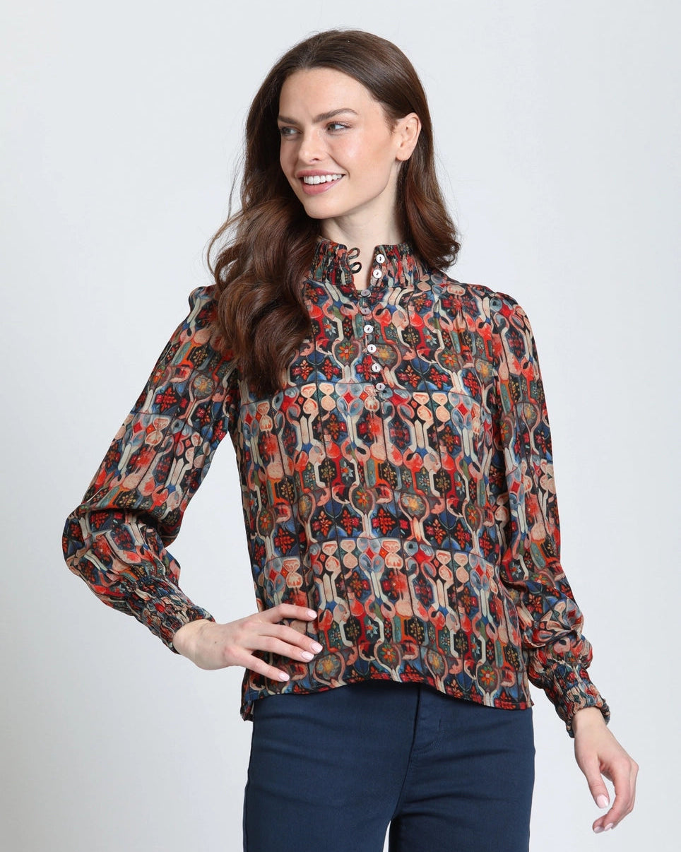 High Collar Blouse in Red Tile Print | APNY