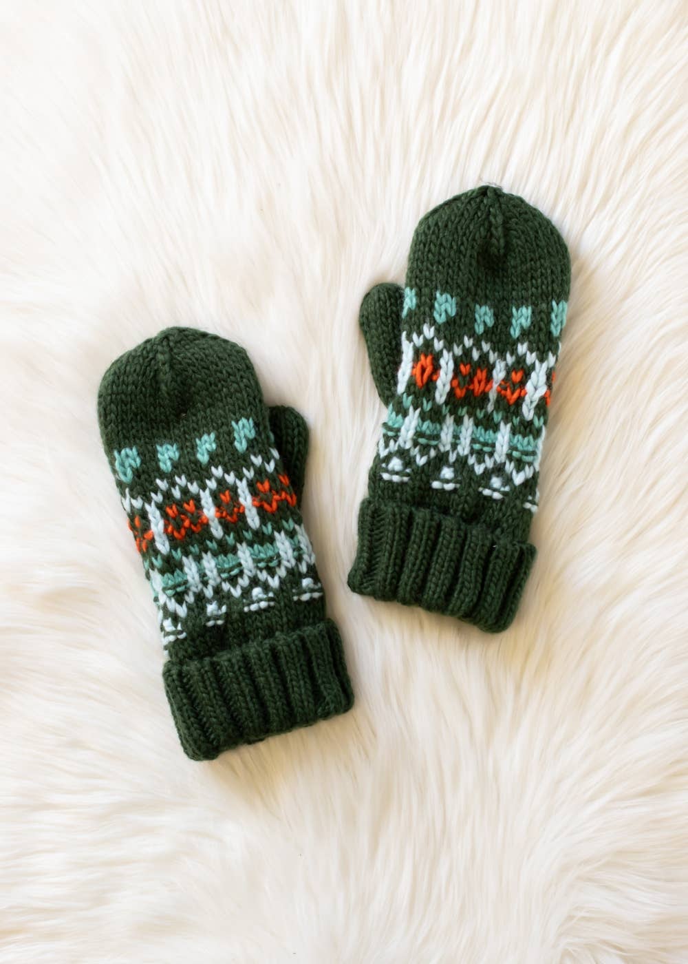 Olive, Mint & Orange Patterned Mittens