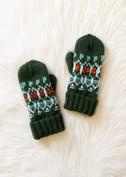 Olive, Mint & Orange Patterned Mittens