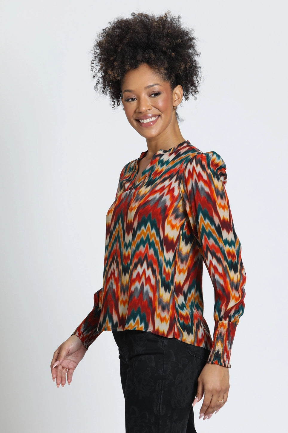 Split Neck Blouse in Multi Zig Zag Print | APNY