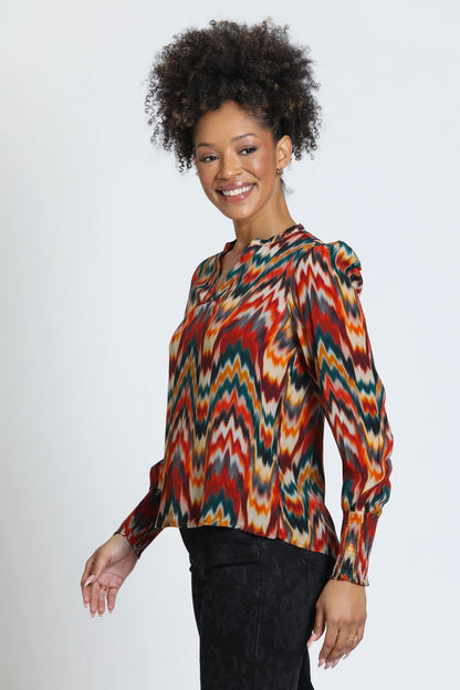 Split Neck Blouse in Multi Zig Zag Print | APNY