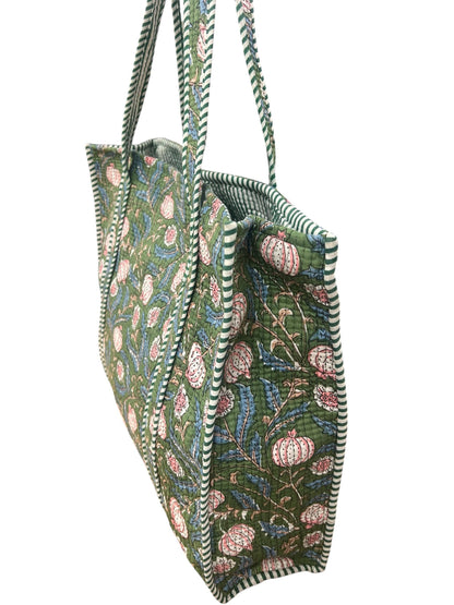 Quilted Cotton Bag in Green & Blue Floral