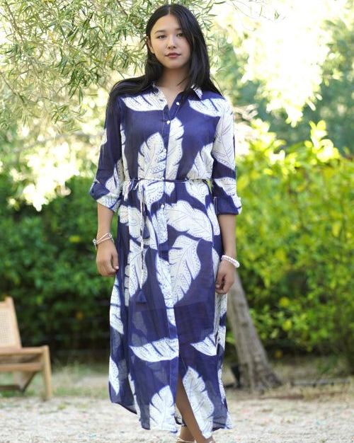 Reine Shirt Dress in Navy Leaf Print