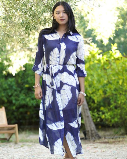 Reine Shirt Dress in Navy Leaf Print