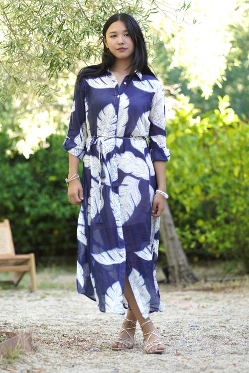 Reine Shirt Dress in Navy Leaf Print