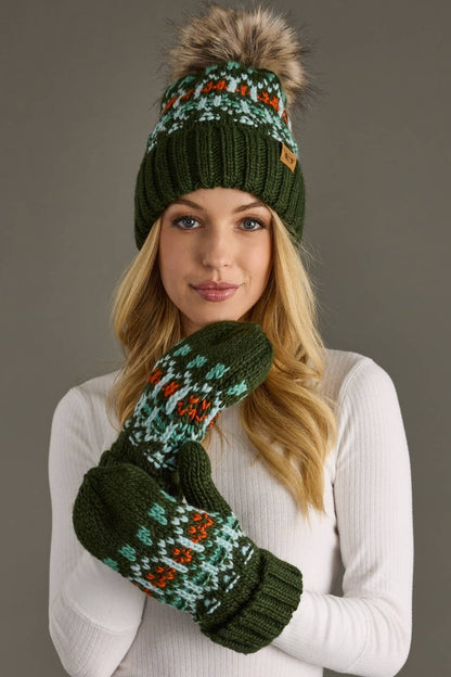 Olive, Mint & Orange Patterned Mittens