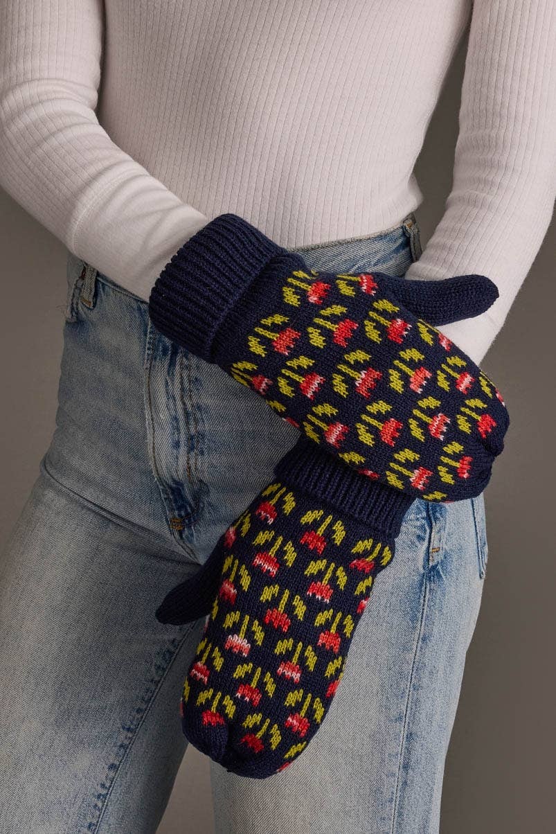 Navy Small Floral Pattern Mittens