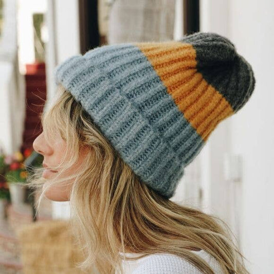 Color Block Knit Beanie in Blue Mustard
