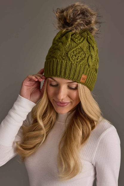 Olive Cable Knit Pom Hat
