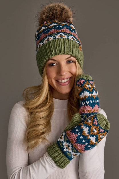 Green, Blue, Pink & Brown Patterned Mittens