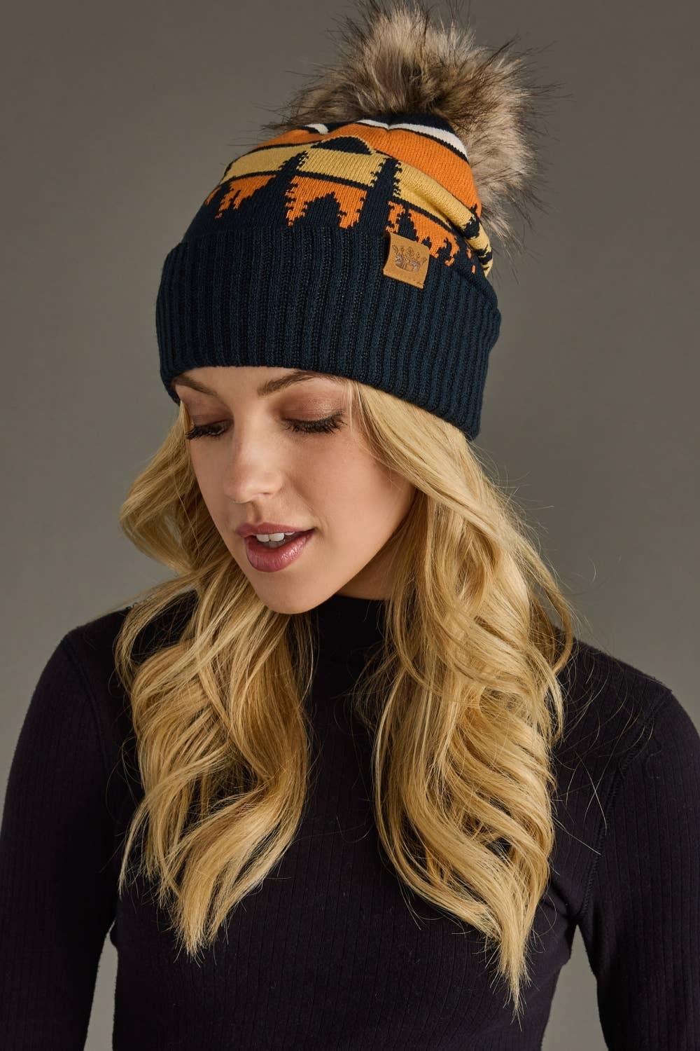 Dark Navy Forest Landscape Pom Hat