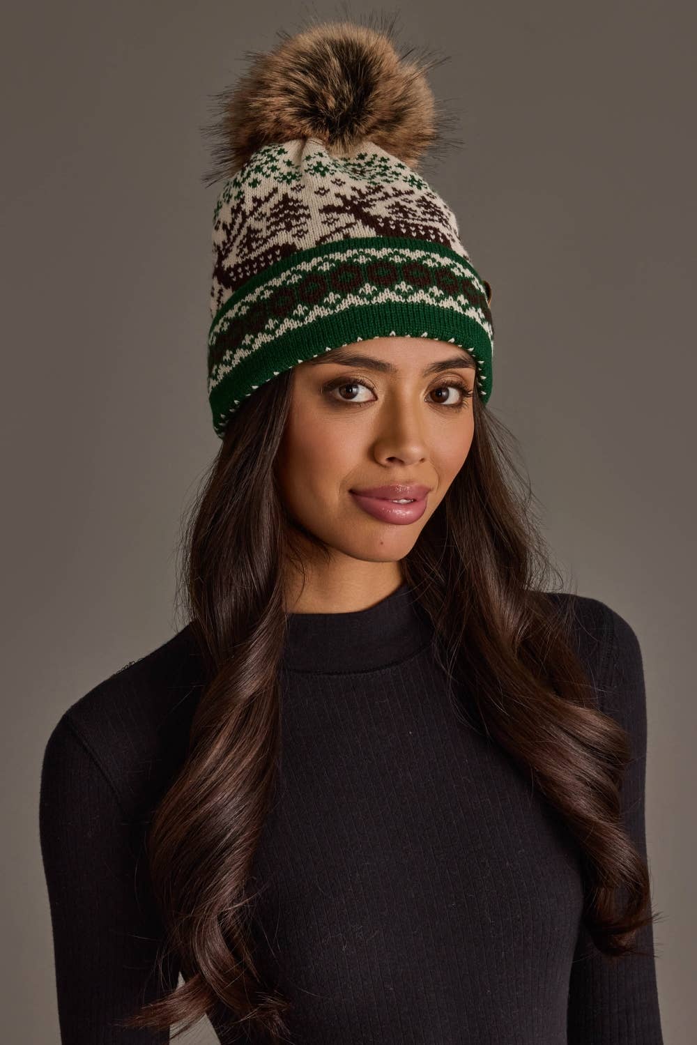 Cream Deer Winter Pattern Pom Hat