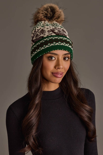 Cream Deer Winter Pattern Pom Hat