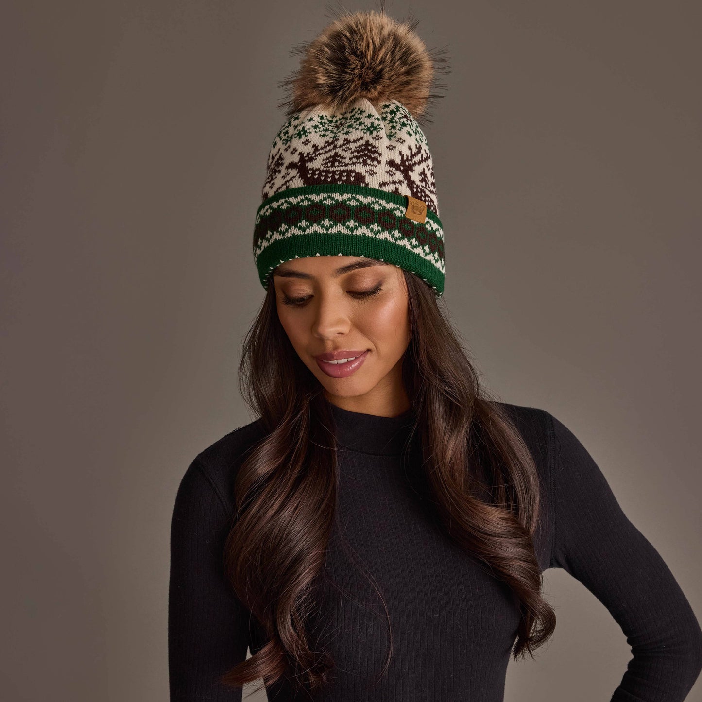Cream Deer Winter Pattern Pom Hat