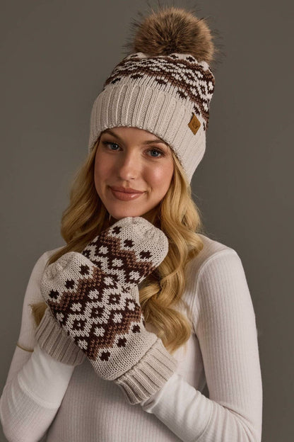 Taupe, Brown & Mocha Patterned Pom Hat