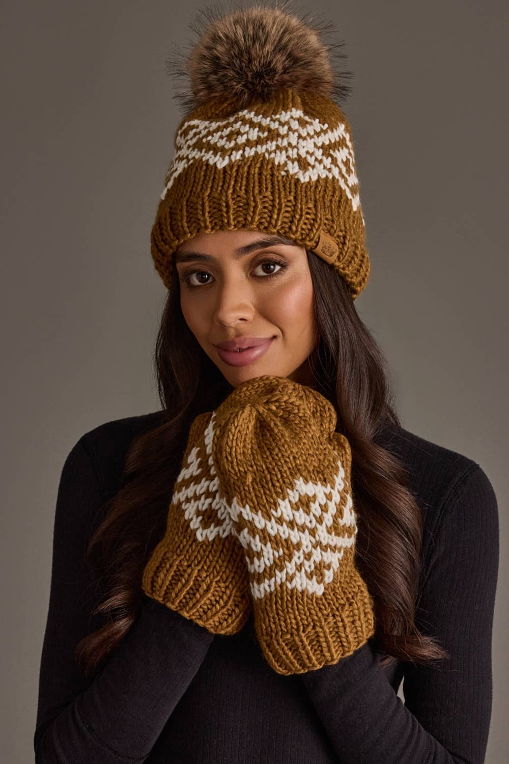 Camel & White Patterned Mittens