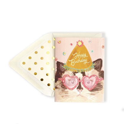 Happy Birthday Cat with Heart Glasses Card