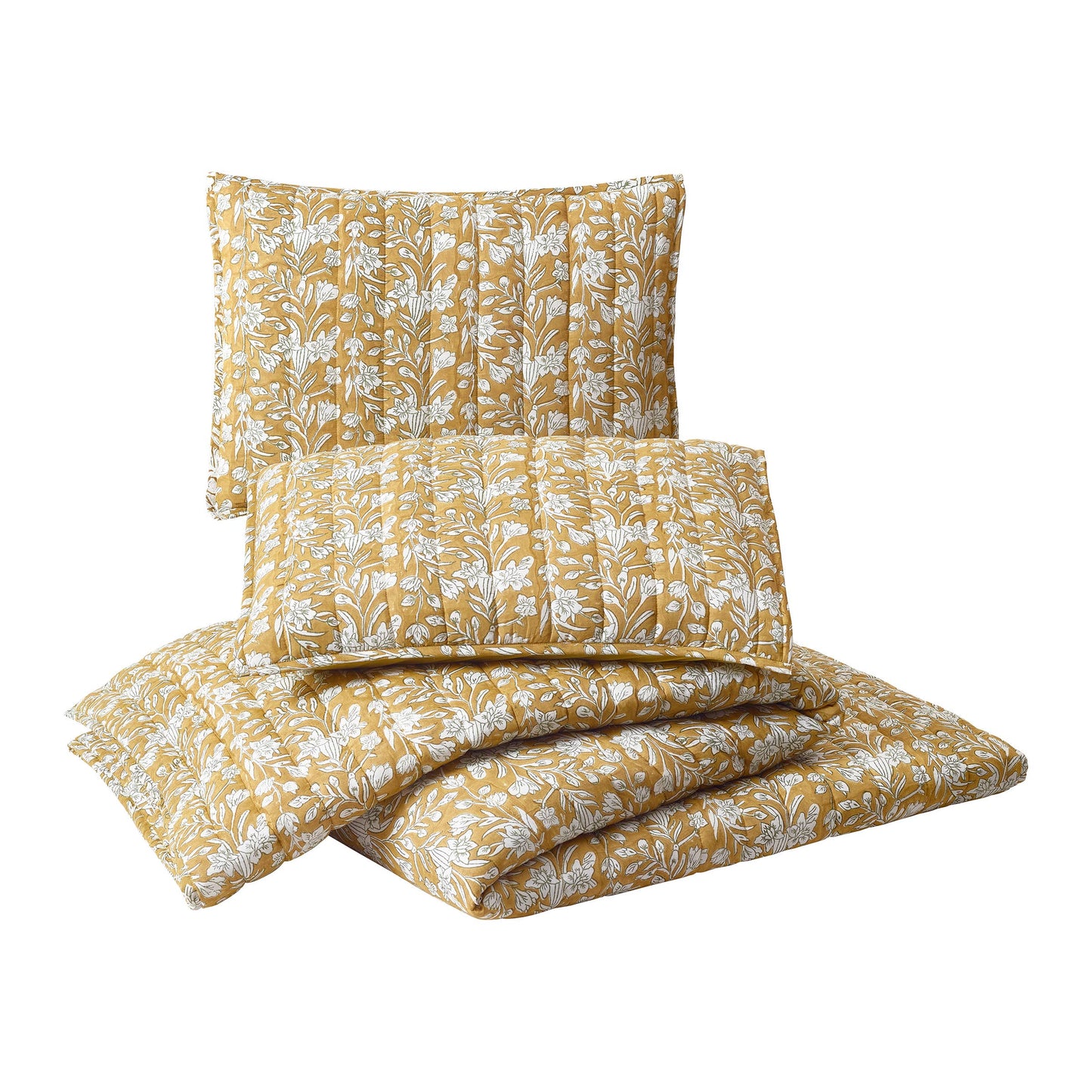 Block Print Sketched Floral 3-Piece Quilt Set