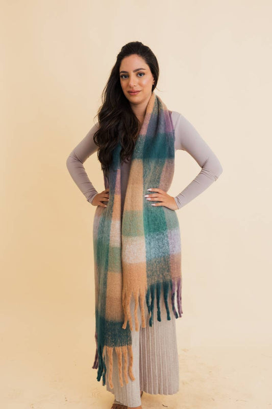 Cozy Oversized Fringe Scarf in Green Plaid