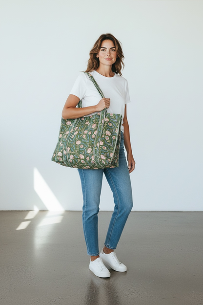 Quilted Cotton Bag in Green & Blue Floral