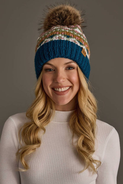 Blue, Green, Pink & Brown Patterned Pom Hat