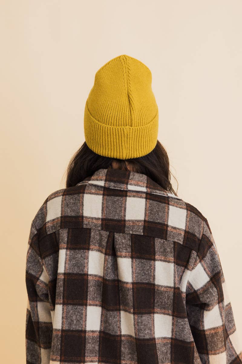 Happy Face Embroidered Beanie in Mustard