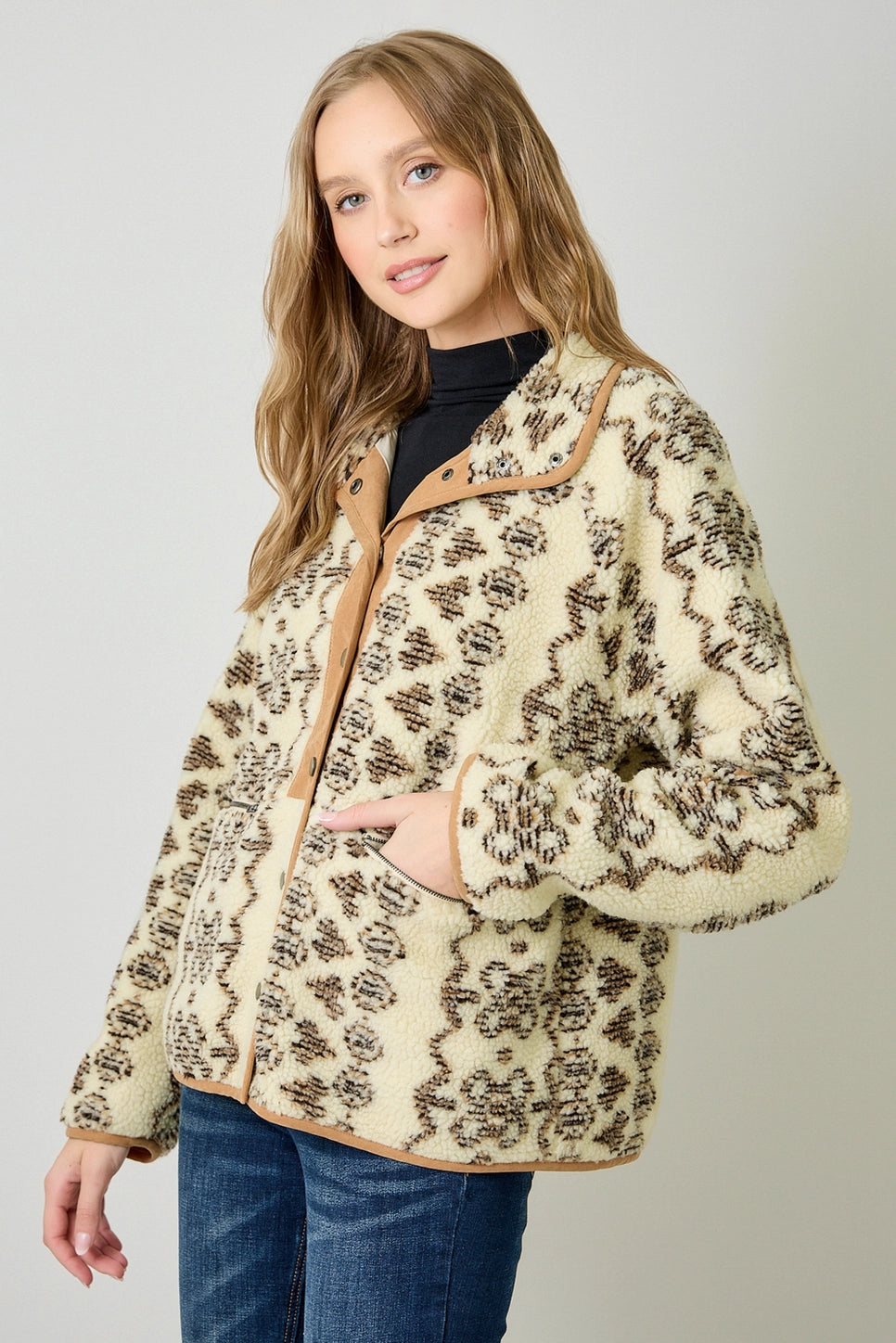 Printed Fleece Jacket in Cappuccino