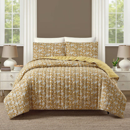 Block Print Sketched Floral 3-Piece Quilt Set
