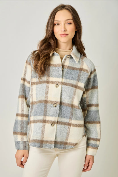 Brushed Shirt Jacket in Blue & Cream Plaid