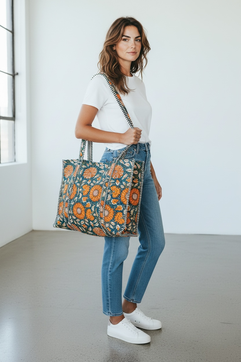 Quilted Cotton Bag in Blue & Orange Floral