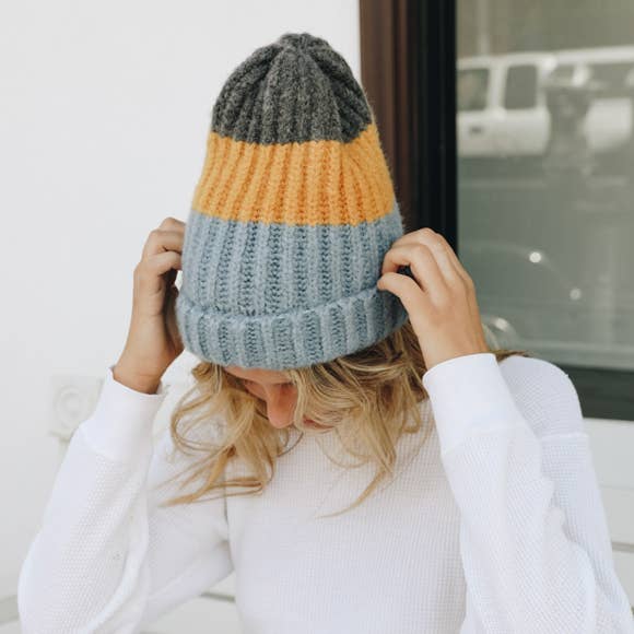 Color Block Knit Beanie in Blue Mustard