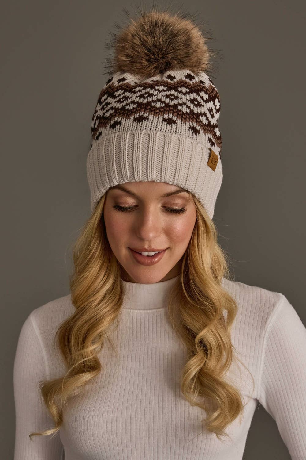 Taupe, Brown & Mocha Patterned Pom Hat