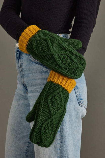 Green & Gold Trim Cable Knit Mittens