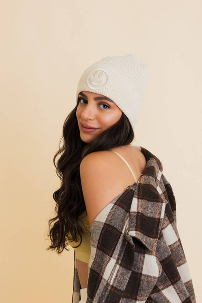 Happy Face Embroidered Beanie in Vanilla