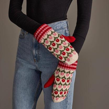 Cream, Red & Pink Floral Pattern Mittens