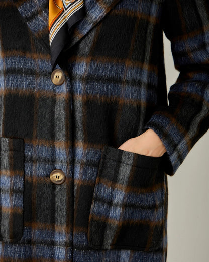 Brushed Plaid Long Coat in Mid Blue