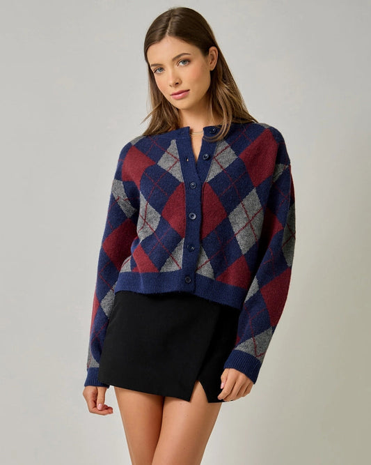 Argyle Cardigan in Navy & Red