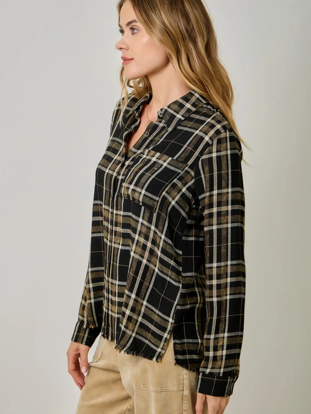 Washed Plaid Button Up in Black