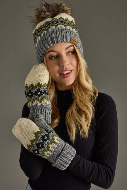 Cream, Green, & Gray Patterned Mittens