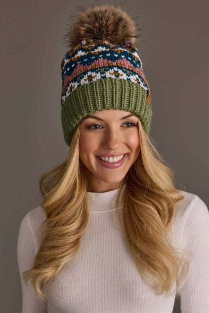 Green, Blue, Pink & Brown Patterned Pom Hat