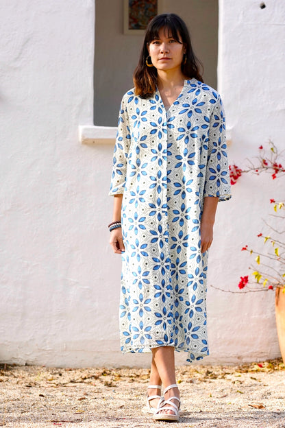 Heather Cotton Dress in Blue Floral
