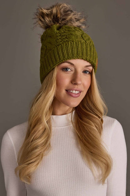 Olive Cable Knit Pom Hat