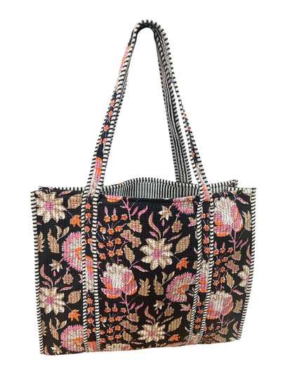 Quilted Cotton Bag in Black & Pink Floral