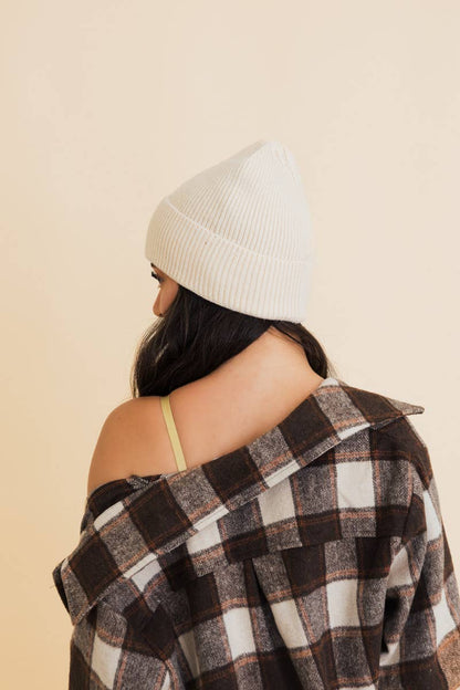 Happy Face Embroidered Beanie in Vanilla