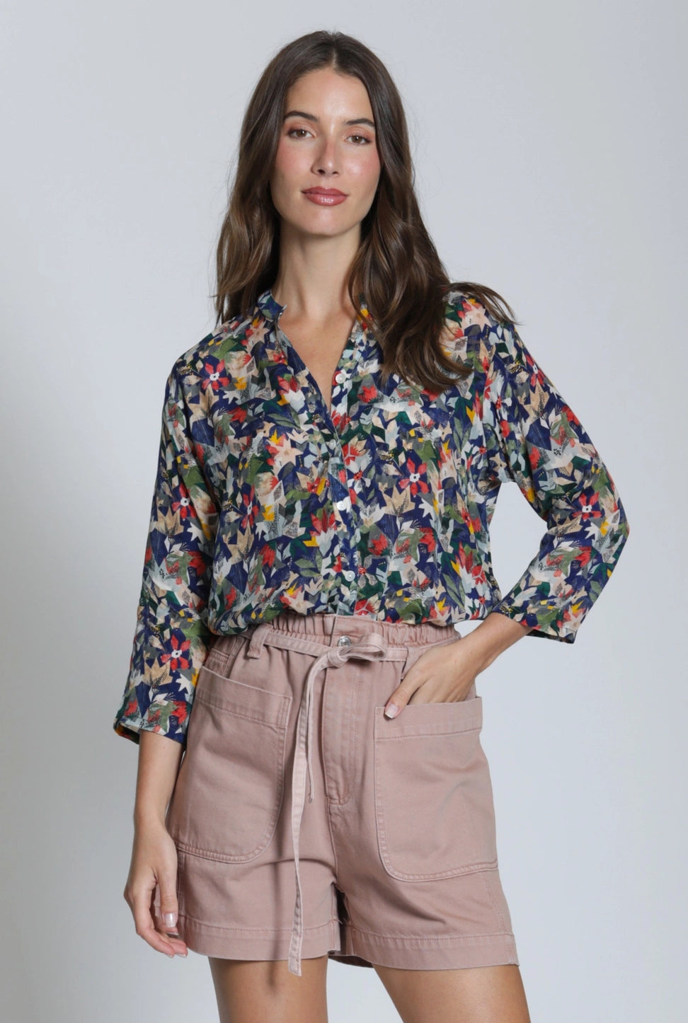 Mandarin Collar Blouse in Geo Floral Print | APNY