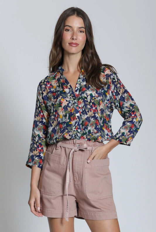 Mandarin Collar Blouse in Geo Floral Print | APNY