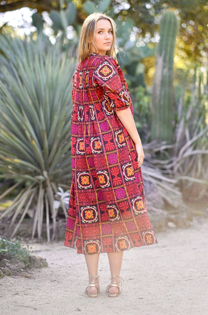 Skye Cotton Dress in Red Geo Print