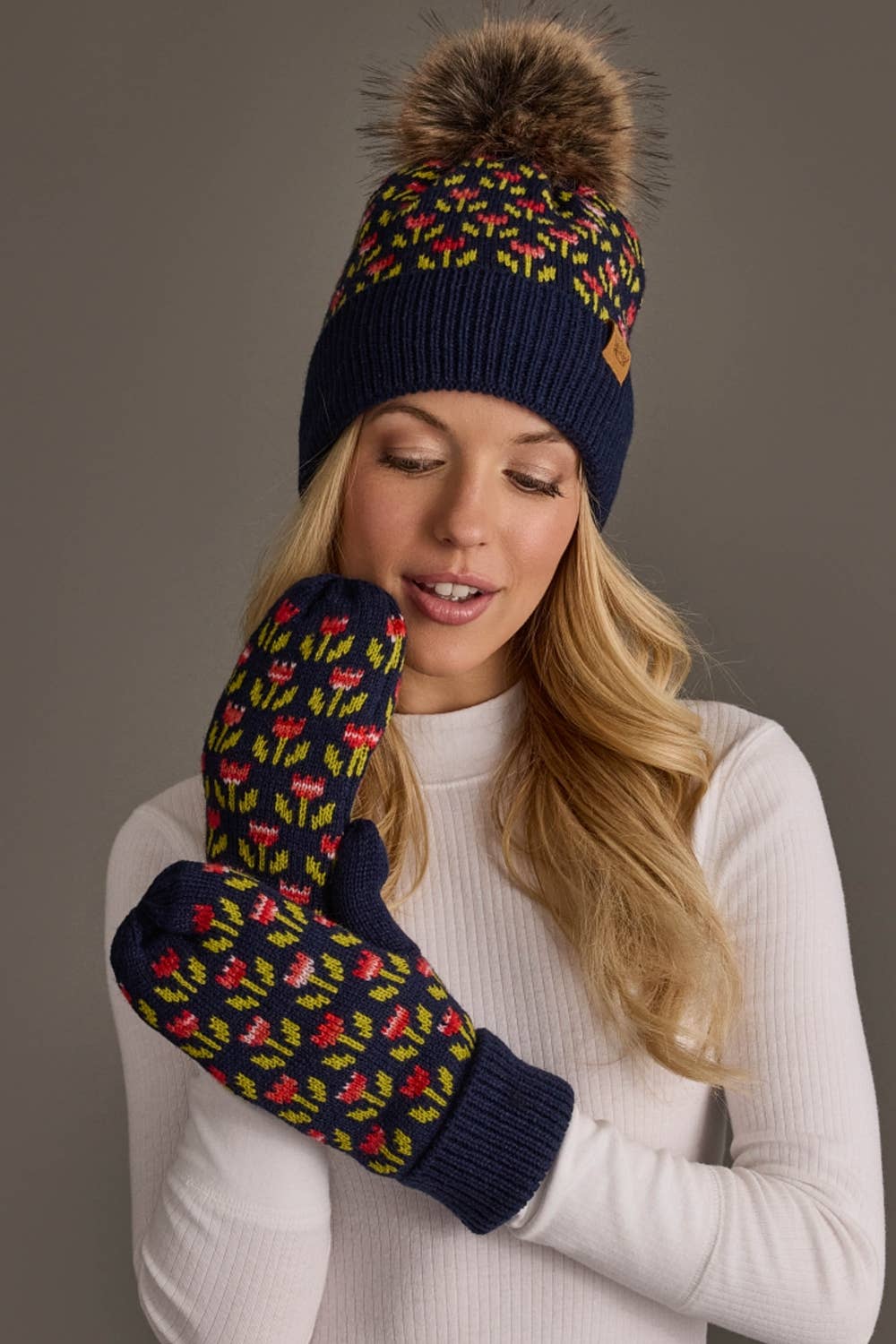 Navy Small Floral Pattern Pom Hat